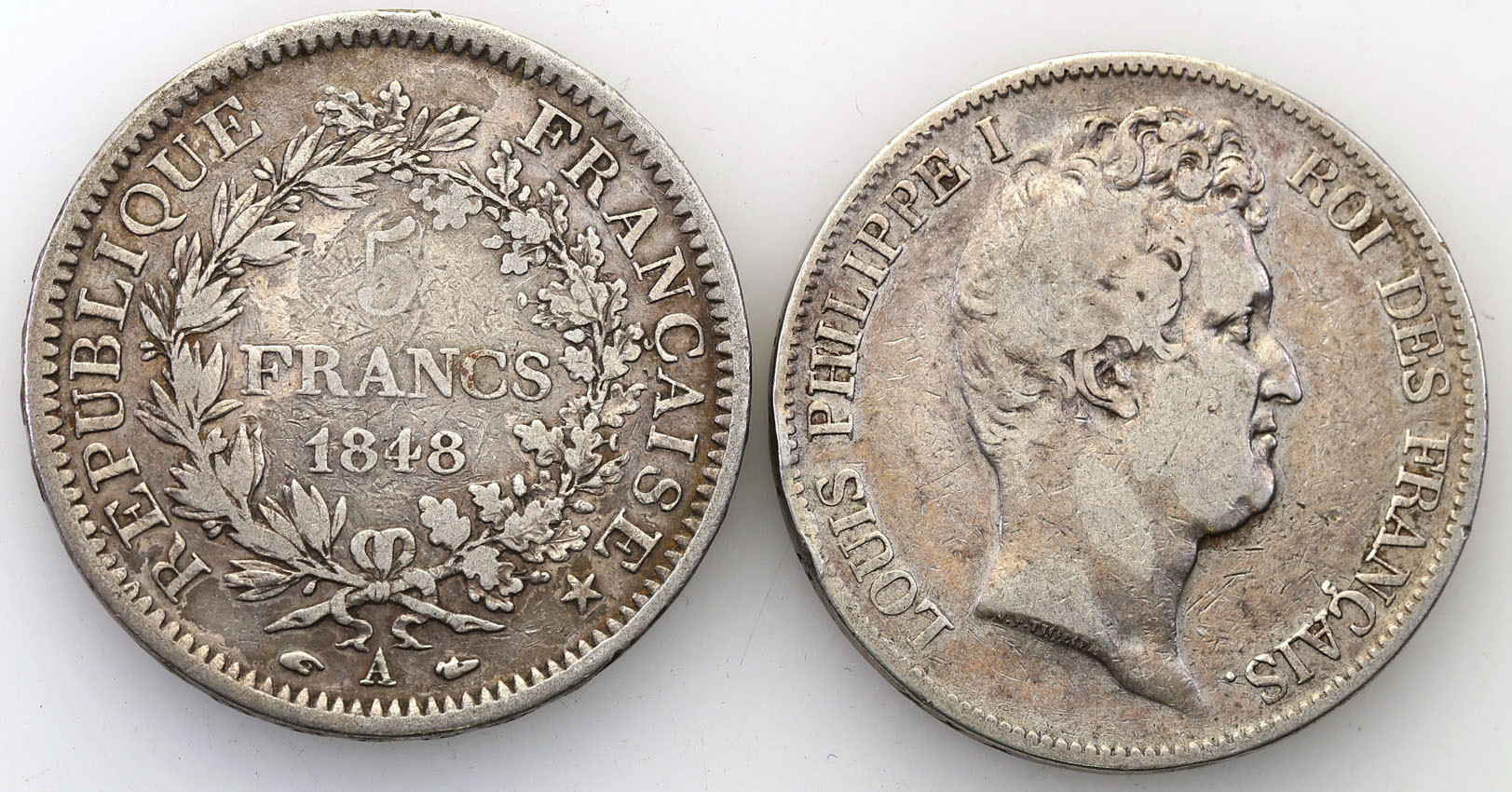 Francja. 5 franków 1831 W + 1848 A, zestaw 2 monet.